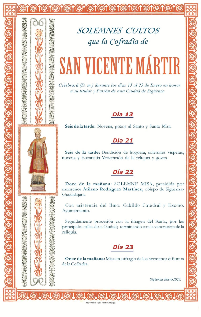 Cartel anunciador de los actos religiosos programados con motivo de la festividad de San Vicente en la parroquia del mismo nombre de Sigüenza