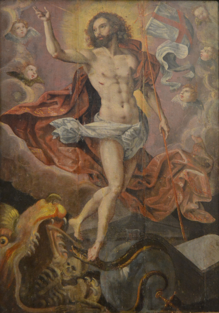 Pintura sobre lienzo mostrando a Cristo resucitado rodeado de símbolos sobre el significado de su resurrección